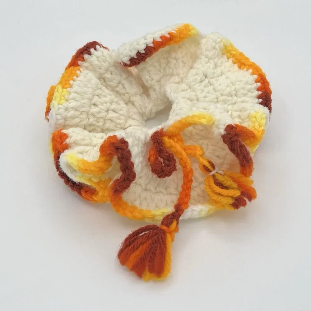 Vintage Handmade Crochet Mid Century Scrunchie Cream Autumn Retro Boho Cottage